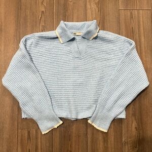 SO Waffle Knit Collared Sweater XL | Blue Cropped Preppy Pullover